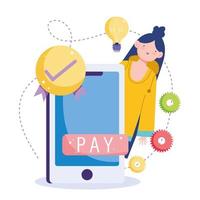 icone e donna con il concetto di pagamento online vettore