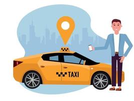 sorridente uomo ordinazione Taxi su mobile Telefono. affitto un' auto utilizzando mobile app. in linea Taxi App concetto. giallo auto su sfondo di silhouette di città e geolocalizzazione segni.vettore piatto cartone animato illustrazione vettore