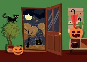 Halloween interno di corridoio decorato con zucche facce, caldaia e ragno con Aperto porta per strada. nero gatto su casa pianta. Luna paesaggio, giallo alberi, pioggia. piatto cartone animato vettore illustrazione