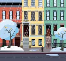 piatto cartone animato vettore illustrazione di inverno piovoso città strada. tre-quattro piani irregolare colorato case. strada paesaggio urbano. pomeriggio città paesaggio con nevoso alberi nel il primo piano, pozzanghere