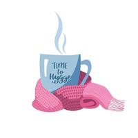 blu boccale con tè o caffè avvolto rosa magenta sciarpa. mano disegnato lettering tazza iscrizione tempo per hygge. piatto cartone animato stile illustrazione vettore