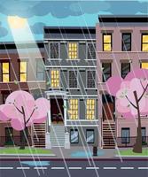 piatto cartone animato vettore illustrazione di primavera piovoso città strada a sera. irregolare case con illuminazione finestre. paesaggio urbano con pioggia attraverso luce del sole. cittadina paesaggio con fioritura alberi nel il primo piano
