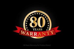 80 anni garanzia d'oro logo con squillare e rosso nastro isolato su nero sfondo, vettore design per Prodotto garanzia, garanzia, servizio, aziendale, e il tuo attività commerciale.