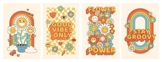 Groovy hippie 70s manifesti con fiore, arcobaleno, amore nel di moda retrò psichedelico cartone animato stile. vettore