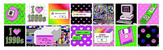 vecchio computer estetico 1980 -1990. piazza manifesti. etichetta imballare con retrò pc elementi. pixel arte. vettore