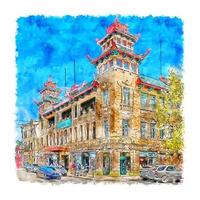 architettura chinatown acquerello schizzo mano disegnato illustrazione vettore