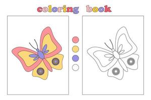 colorazione libro per bambini, colorazione pagina con bellissimo colorato la farfalla. cartone animato illustrazioni con didascalie e colore modelli. noi disegnare e giocare con bambini. formazione scolastica di bambini vettore