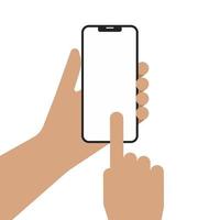 mano di uomo Tenere smartphone e puntamento dito su il vuoto schermo. App finto su vettore illustrazione.