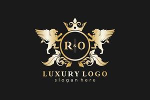 iniziale ro lettera Leone reale lusso logo modello nel vettore arte per ristorante, regalità, boutique, bar, Hotel, araldico, gioielleria, moda e altro vettore illustrazione.