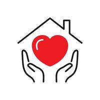 schema sicuro casa magro linea vettore icona con un' cuore nel mani. braccia Tenere amore cartello e Casa tetto forma. famiglia edificio protezione concetto progettato per sicurezza attività commerciale logo