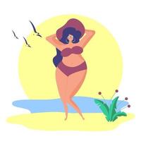 bellissimo ragazza nel un' costume da bagno prendere il sole su il spiaggia vettore