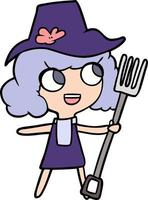 cartone animato contadino ragazza con forchetta vettore