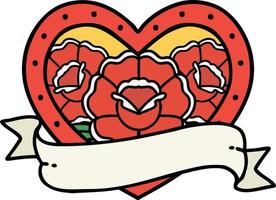 tradizionale tatuaggio di un' cuore e bandiera con fiori vettore