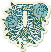 tatuaggio stile etichetta di un' costola gabbia e fiori vettore