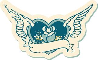 afflitto etichetta tatuaggio stile icona di un' volante cuore con fiori e bandiera vettore
