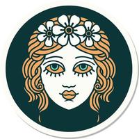 tatuaggio stile etichetta di femmina viso con corona di fiori vettore