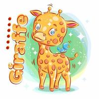 carino giraffa gioca con uccello blu vettore