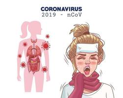 infografica di coronavirus con carattere di giovane donna malata vettore