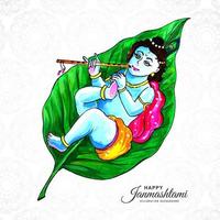 shree krishna religioso posa su sfondo foglia janmashtami vettore