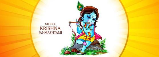 felice krishna sulla roccia che suona il flauto janmashtami festival banner vettore