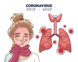 infografica di coronavirus con donna malata e polmoni vettore