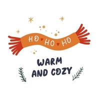 Natale mano disegnato scarabocchio saluto carta con caldo e accogliente cartello e carino sciarpa. vettore