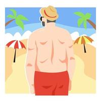 mezzo anziano uomo illustrazione indietro Visualizza. camminare su il spiaggia. Uomini spiaggia cappello. cannuccia. sfondo di sabbia, mare, ombrello, Noce di cocco albero. adatto per estate tema, vacanza, in viaggio, eccetera. piatto vettore