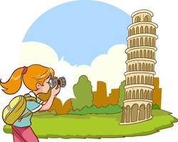 fotografo ragazza prende foto di Torre di pisa vettore