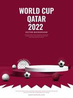 mondo tazza Qatar 2022 Prodotto Schermo concetto. marrone e bianca Doppio podio con palla su bandiera di Qatar sfondo, vettore illustrazione