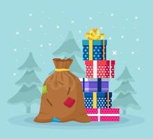 Santa Claus Borsa con pila, mucchio di involucro regalo scatola. Natale sacco pieno di regali, dolci. natale saldi, contento nuovo anno concetto vettore