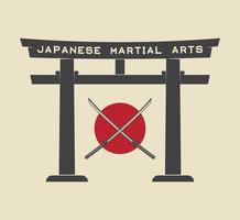 giapponese torii cancello con Giappone bandiera e katana nel Vintage ▾ stile. vettore illustrazione