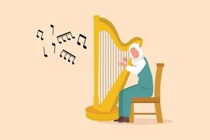 attività commerciale piatto stile disegno arabo donna musicista giocando arpa. classico musica esecutore personaggio con musicale strumento. femmina seduta, giocando arpa. cartone animato personaggio design vettore illustrazione