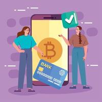 bitcoin nel smartphone con ragazze vettore