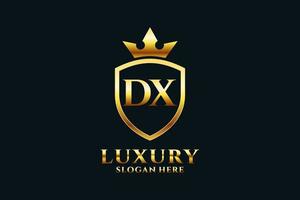 iniziale dx elegante lusso monogramma logo o distintivo modello con pergamene e reale corona - Perfetto per lussuoso il branding progetti vettore