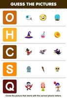 formazione scolastica gioco per bambini indovina il corretta immagine per fonico parola quello inizia con lettera o h c S e q stampabile Halloween foglio di lavoro vettore
