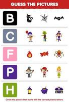 formazione scolastica gioco per bambini indovina il corretta immagine per fonico parola quello inizia con lettera B c f p e h stampabile Halloween foglio di lavoro vettore