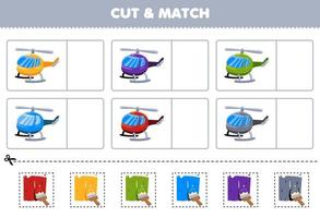 formazione scolastica gioco per bambini tagliare e incontro il stesso colore di carino cartone animato elicottero stampabile mezzi di trasporto foglio di lavoro vettore