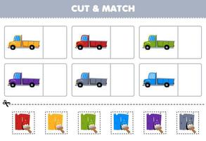 formazione scolastica gioco per bambini tagliare e incontro il stesso colore di carino cartone animato Raccogliere camion stampabile mezzi di trasporto foglio di lavoro vettore