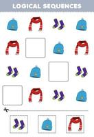 formazione scolastica gioco per bambini logico sequenze per bambini con carino cartone animato Beanie cappello sciarpa calzini stampabile indossabile Abiti foglio di lavoro vettore