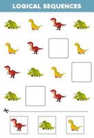formazione scolastica gioco per bambini logico sequenze per bambini con carino cartone animato triceratopo isisauro tirannosauro stampabile preistorico dinosauro foglio di lavoro vettore