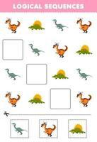 formazione scolastica gioco per bambini logico sequenze per bambini con carino cartone animato stygimoloch dimetrodonte velociraptor stampabile preistorico dinosauro foglio di lavoro vettore