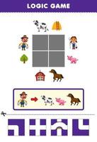 formazione scolastica gioco per bambini logica puzzle costruire il strada per carino cartone animato contadino mossa per mucca maiale e cavallo stampabile azienda agricola foglio di lavoro vettore