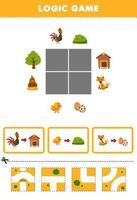 formazione scolastica gioco per bambini logica puzzle costruire il strada per carino cartone animato pollo pulcino e Volpe stampabile azienda agricola foglio di lavoro vettore