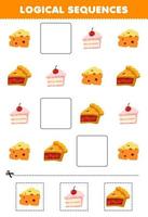 formazione scolastica gioco per bambini logico sequenze per bambini con carino cartone animato formaggio torta torta stampabile cibo foglio di lavoro vettore
