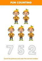 formazione scolastica gioco per bambini contare il immagini e colore il corretta numero a partire dal carino cartone animato zucca ragazzo stampabile Halloween foglio di lavoro vettore