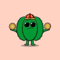 carino cartone animato cactus Cinese personaggio Tenere moneta vettore