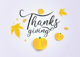 testo di ringraziamento con zucche e foglie di autunno su grigio vettore