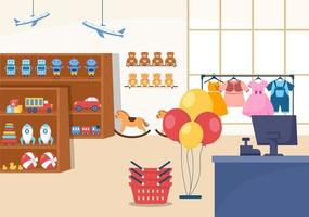 bambini negozio edificio modello mano disegnato cartone animato piatto stile illustrazione con bambini attrezzatura come come Abiti o giocattoli per shopping concetto vettore