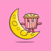cartone animato Popcorn in piedi su il mezzaluna Luna vettore