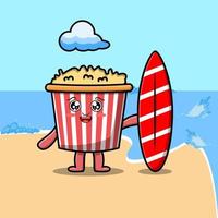carino cartone animato Popcorn personaggio giocando fare surf vettore